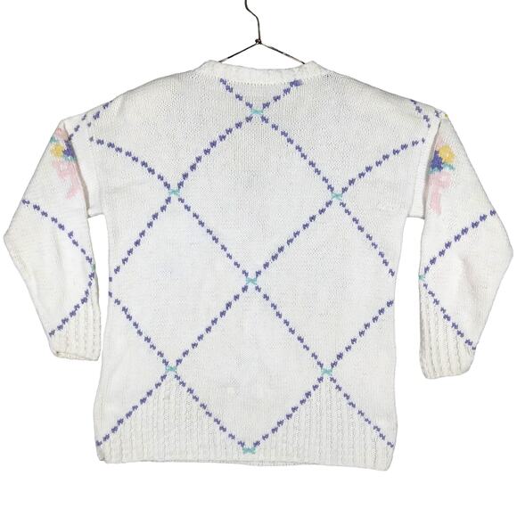 Vintage Essential Elements Knited Sweater Size Medium White Windowpane Floral - Picture 2 of 5